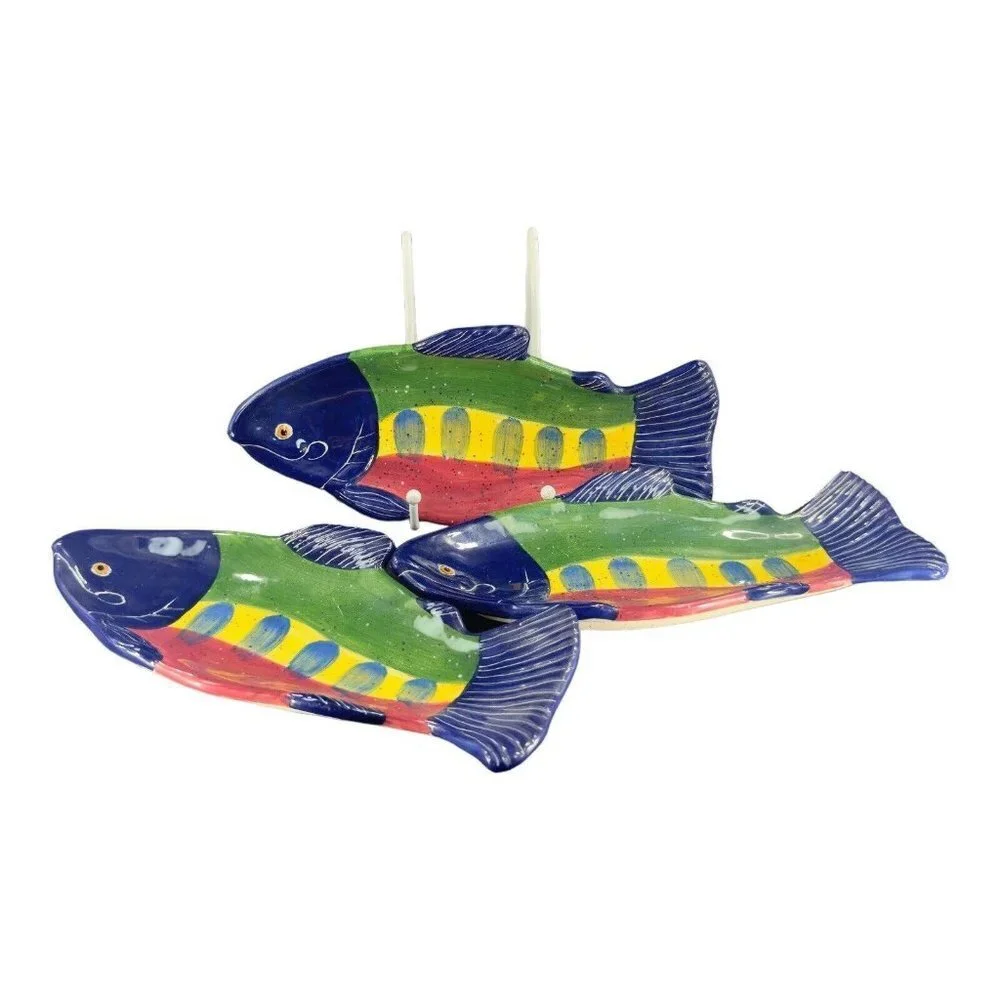 Julie Ueland Shorelines‎ Fish Salmon Dish Plate Ceramic Pottery 2000 Set 3